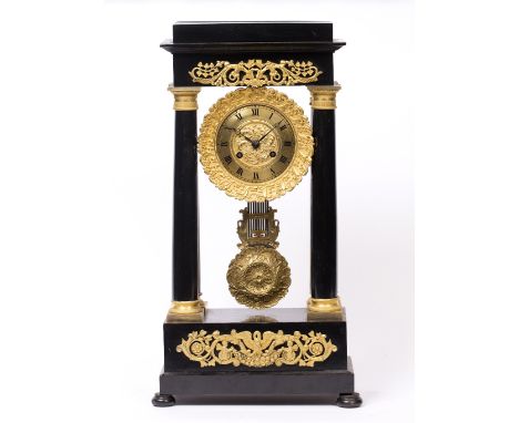 A 19TH CENTURY FRENCH PORTICO CLOCK with Roman dial, twin train movement and outside count wheel bell strike, the ebonised fo