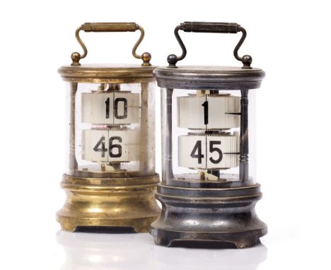 AN EVER-READY TICKET TIMEPIECE with silver plated case, 12.5cm high and a similar brass example (2)