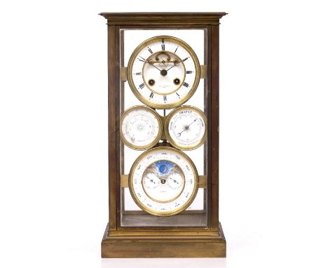 A 19TH CENTURY FRENCH MULTI DIAL FOUR GLASS MANTEL CLOCK the top clock dial with white enamel Roman chapter ring, Breguet han