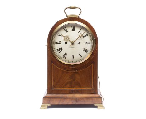 A 19TH CENTURY MAHOGANY BRACKET OR TABLE CLOCK with convex Roman dial, the twin train fusee movement with arched plates, the 