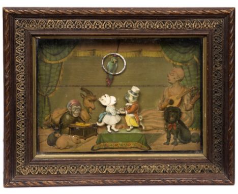 A LATE 19TH CENTURY CONTINENTAL MUSICAL AUTOMATON PICTURE, depicting a group of animals dancing and playing music, with key w