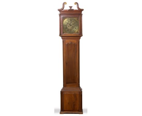 AN IRISH MAHOGANY EIGHT DAY LONG CASE CLOCK the 13 1/4" square brass dial with Roman chapter ring, Arabic five minutes, signe