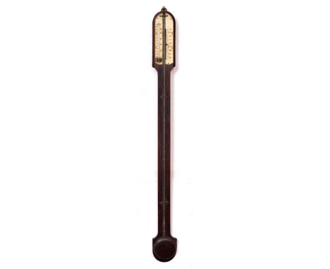 A VICTORIAN ROSEWOOD STICK BAROMETER the ivory register with manually operated vernier, opposing spirit tube thermometer and 