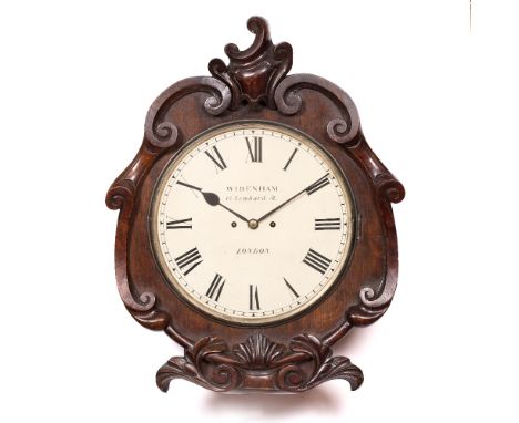A VICTORIAN OAK DIAL CLOCK the 12" Roman dial signed Widenham, 13 Lombard St., London, cast brass glazed bezel, the four pill