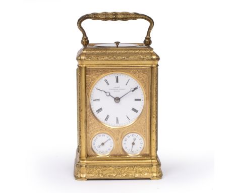 A 19TH CENTURY GILT BRASS CARRIAGE CLOCK with white enamel Roman disc dial signed Grohé, 7 Wigmore Street, London, over two s