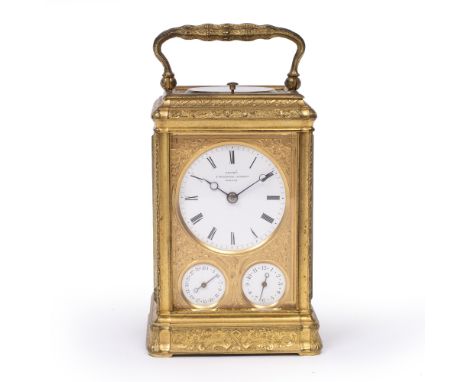 A 19TH CENTURY GILT BRASS CARRIAGE CLOCK with white enamel Roman disc dial signed Grohé, 7 Wigmore Street, London, over two s