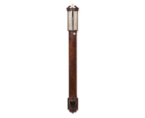 GEORGE ADAMS, FLEET STREET, LONDON A George III mahogany bow front stick barometer, the silvered scale with rack and pinion v