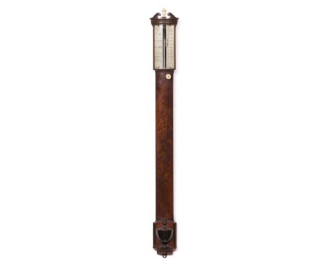 GEORGE ADAMS, FLEET STREET, LONDON A George III mahogany bow front stick barometer, the silvered scale with rack and pinion v