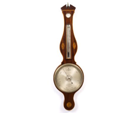 A GEORGE III MAHOGANY WHEEL BAROMETER the 10" silvered dial signed C Tarelli, Banbury with central sunburst motif, spirit tub