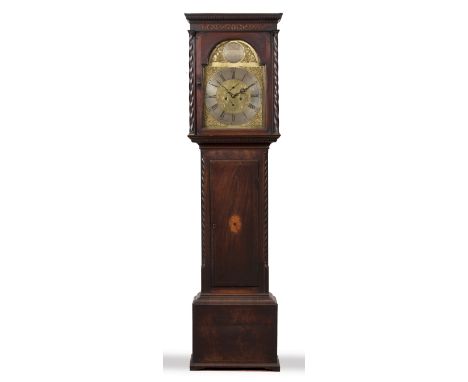 A GEORGE III MAHOGANY EIGHT DAY LONGCASE CLOCK the 14 1/4" brass break arch dial with silvered Roman chapter ring, Arabic fiv