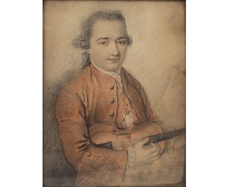 18TH CENTURY ENGLISH SCHOOL Portrait of a violinist wearing powdered wig and red jacket, holding a violin with music score be