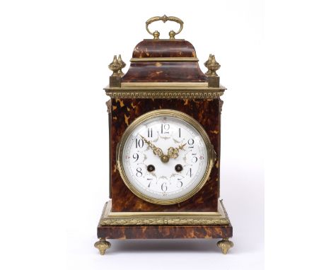 AN 18TH CENTURY STYLE TORTOISESHELL MANTEL CLOCK the white enamel convex Arabic dial decorated with floral swags, twin train 