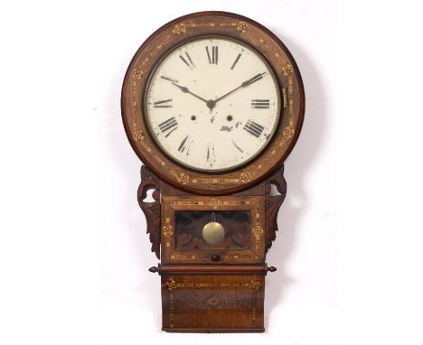 A 19TH CENTURY AMERICAN DROP DIAL WALL CLOCK with 12" Roman dial, twin train movement, coiled gong strike in a rosewood and i