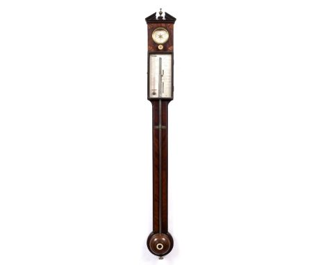 JOSH SOMALVICO, LEATHER LANE, HOLBORN A mahogany stick barometer with hygrometer over a silvered rectangular register plate, 