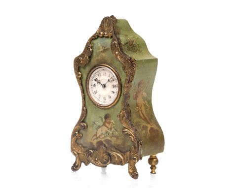 A LATE 19TH CENTURY FRENCH BOUDOIR TIMEPIECE with circular white enamel Gothic dial, the movement back plate with Drocourt tr