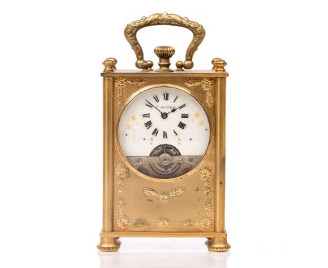 A LATE 19TH CENTURY FRENCH CARRIAGE TIMEPIECE the eight day Hebdomas type watch movement with three quarter enamel Roman dial