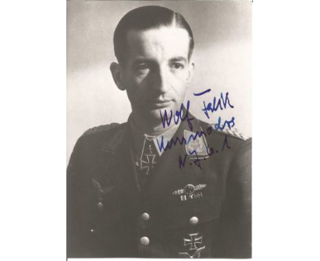 WW2 Luftwaffe ace Wolf Falk KC nightfighter signed 6 x 4 inch b/w portrait photo in uniform. Good Condition. All autographs a
