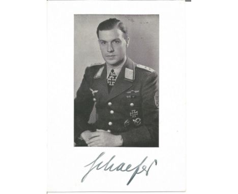 WW2 Luftwaffe fighter ace Elmar Schaefer KC signed 6 x 4 inch b/w portrait photo in uniform. Good Condition. All autographs a