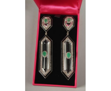 A SILVER AND GOLD ROCK CRYSTAL, EMERALD AND DIAMOND DECO EARRINGS.