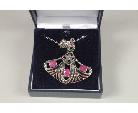A SILVER AND MARCASITE PLIQUE ENAMEL NECKLACE.