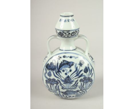 A CHINESE BLUE AND WHITE PORCELAIN MOON FLASK, with fish and algae. 27cms high.