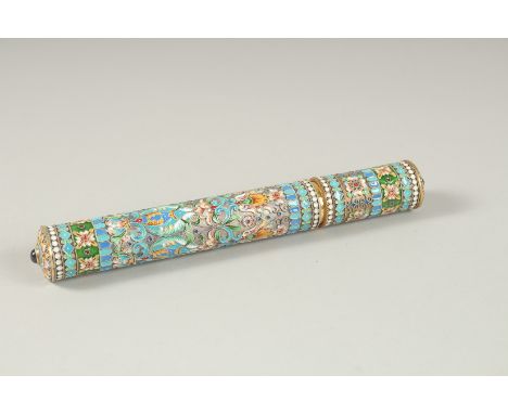 A RUSSIAN SILVER GILT AND ENAMEL TUBE. 20cms high.  Mark 84, P.P.  Weight 164gms.