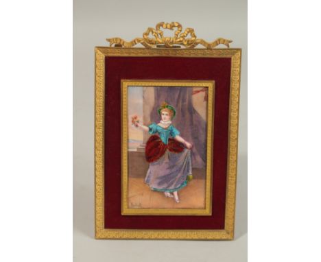 ROCHAT. A GOOD ENAMEL PORTRAIT OF A DANCER. Signed.  11cms x 7cms, in a velvet and gilt frame.