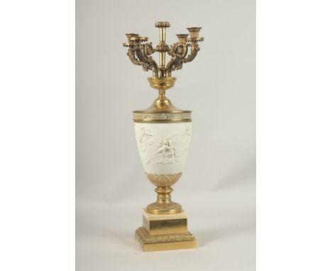 A 19TH CENTURY PARIAN LAMP with four scrolling branches on a square base. 66cms high.