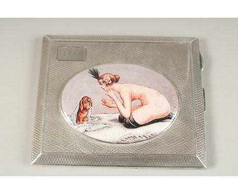 AN ENGINE TURNED SILVER CIGARETTE CASE. Birmingham 1930, with a glamour model enamel.