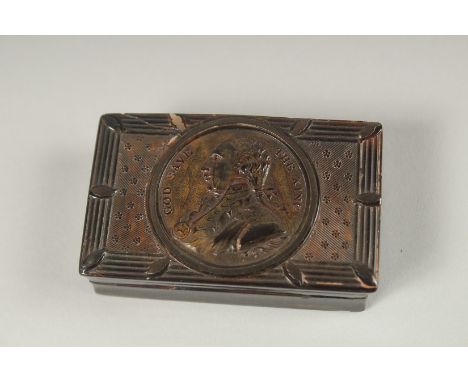 A TORTOISESHELL SNUFF BOX "GOD SAVE THE KING", October 25th 1800. 6.5cms x 4cms.