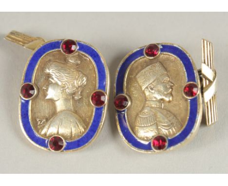 A PAIR OF RUSSIAN SILVER AND BLUE ENAMEL CUFFLINKS with a portrait of a lady and a man. Mark Head 88. Weight 15grms.