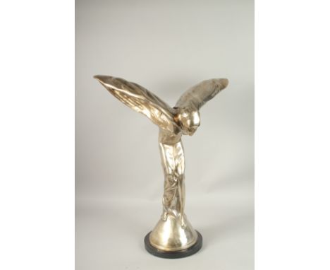 A LARGE SILVER PLATE ROLLS ROYCE FIGURE on a circular base. 80cms high.