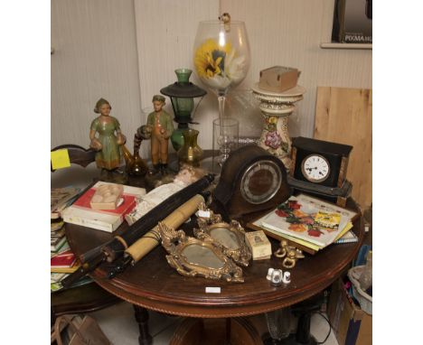 Quantity of assorted items including oil lamp, plaster figures, mirrors, cherubs, clocks af, umbrellas, typewriter etc
