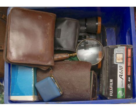 Box containing 3 pairs of binoculars, Boxed brownie, boxed fuji camera, 1960s cinecam, magnifying glass, travel set and clock
