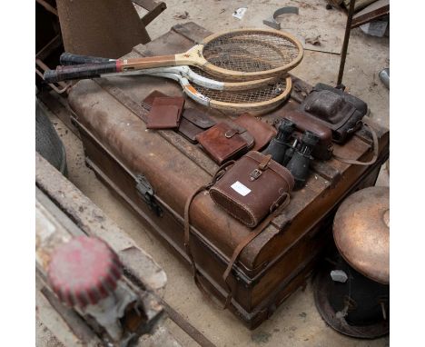 Various vintage items to include trunk, binoculars, tennis raquets