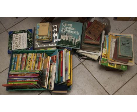 Crate of vintage childrens books including Ladybird and Enid Blyton, plus beano comics and assorted home and garden books.&nb