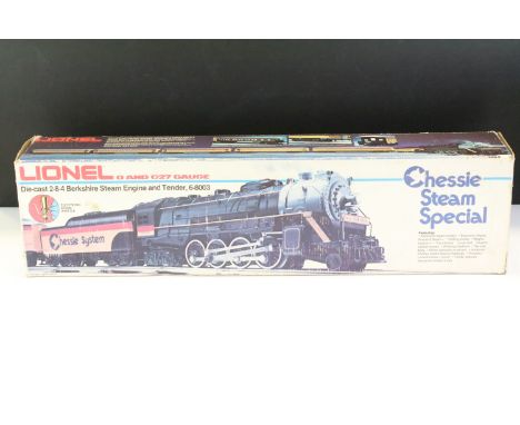 Boxed Lionel O gauge 6-8003 Chessie Steam Special diecast 2-8-4 Berkshire Steam Engine and tender 