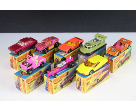 Eight boxed Matchbox Superfast diecast models to include 30 Beach Buggy, 33 Datsun 126X, 53 Tanzara, 20 Lamborghini Marzal, 6