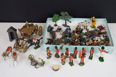 Collection of various metal figures to include Britains and Johillco / John Hill &amp; Co examples featuring Coronation Coach