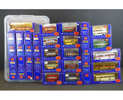 37 Boxed 1/76 scale EFE Exclusive First Editions De-Luxe Series diecast model buses, with small ref stickers to side of boxes