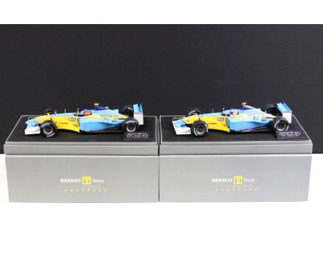 Two boxed Universal Hobbies Renault F1 Team 1/18 diecast models to include A23 Engine RS23 No 8 Fernando Alonso and R23 Engin