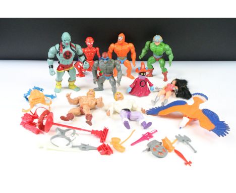 Nine 1980s action figures to include 7 x Mattel Masters of the Universe (Orca, Beastman, He Man, Adam, Man at Arms, Stratos, 