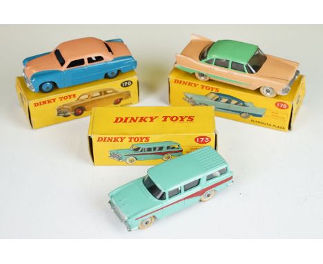 Three boxed Dinky diecast models to include 178 Plymouth Plaza in pink with green roof, 173 Nash Rambler in turquoise and 170