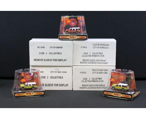 Seven boxed Code 3 Fire Engine diecast models to include City Of Newark, City Of New York, City Of Denver, etc, vg 
