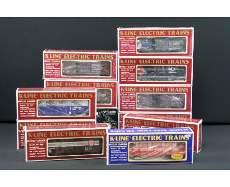 12 Boxed K Line Electric Trains O gauge items of rolling stock to include K637-1931 Reading Tank Car (Husky), K900003 KCC Tan