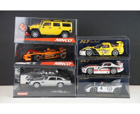 Six boxed / cased slot cars to include 3 x Fly Car models featuring Corvette C5R GTS Texas ALMS 2000, Dodge Viper GTS R Brno 