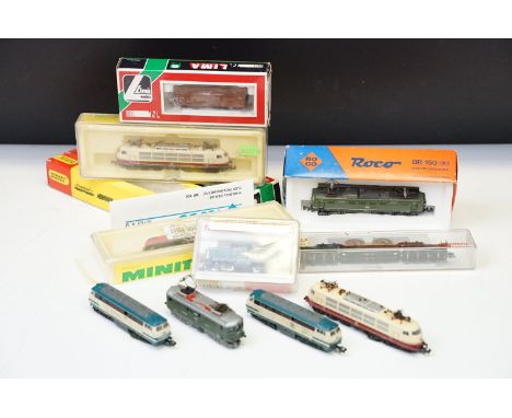 Eight N gauge locomotives to include boxed Roco 02163 Elektrolokomotive BR 150, cased Fleischmann Piccolo 7231, unboxed Lima 