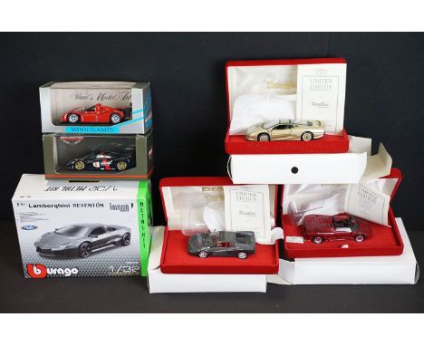 Collection of six boxed diecast models to include 2 x Minichamps Paul's Model Art Ferrari 333 SP and Mclaren F1 GTR, Burago 1