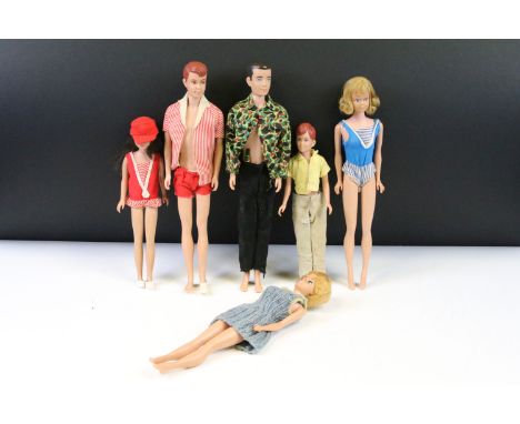 Six 60s Mattel Barbie dolls featuring Ricky, 2 x Midge, Little Sister, Ken &amp; Allan, dolls dressed and showing play wear 