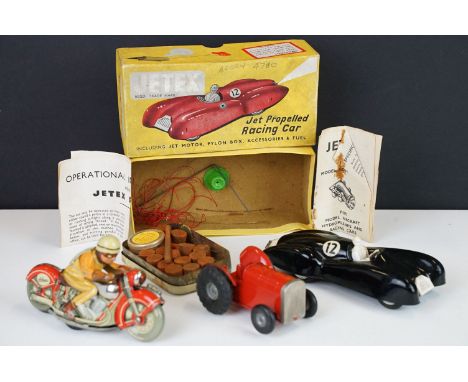 Schuco Moto-Dril 1006 tinplate clockwork model (no key) plus a boxed Jetex Jet Propelled Racing Car in black (grubby box) and